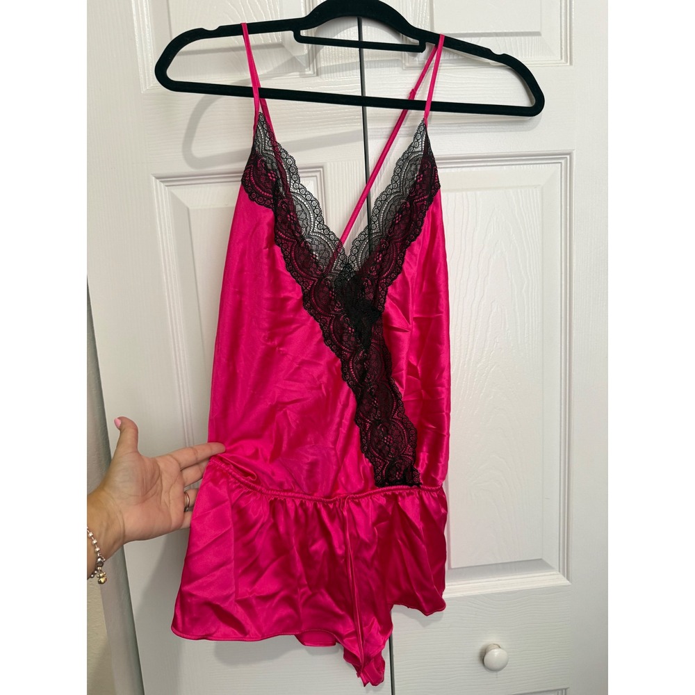 Victorias Secret Hot Pink Satin Lace Trim Teddy Romper Bodysuit Large NWT